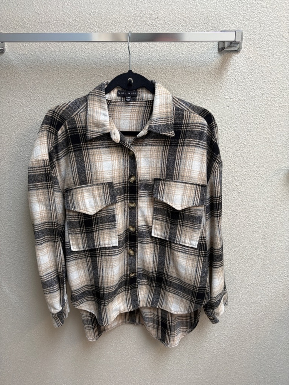 Miou Muse Plaid Button-Up Shacket in Black & Cream